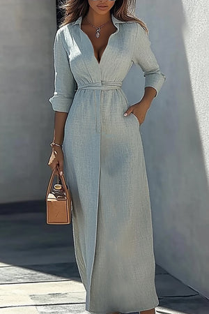 Casual Daily Linen Dress Lapel Pocket Long Sleeve Floor-Length Dress