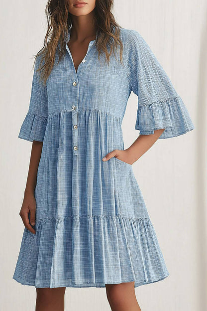 Daily Casual Linen Dress Ruffled Button-Down with Pockets Knee-Length Dress