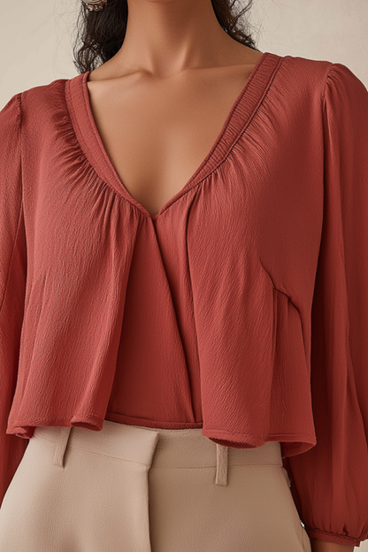 Basic Casual Crop Top V Neck Red Ruffle 3/4 Length Sleeve Top