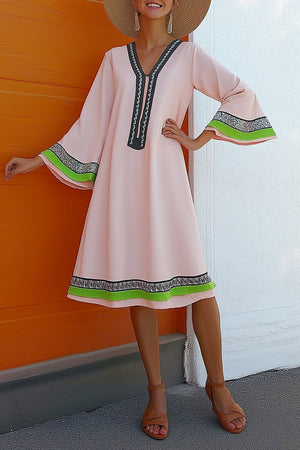 Casual Vacation Loose Dress V-Neck Pink Flare Sleeve Woven Strap Knee-Length Dress