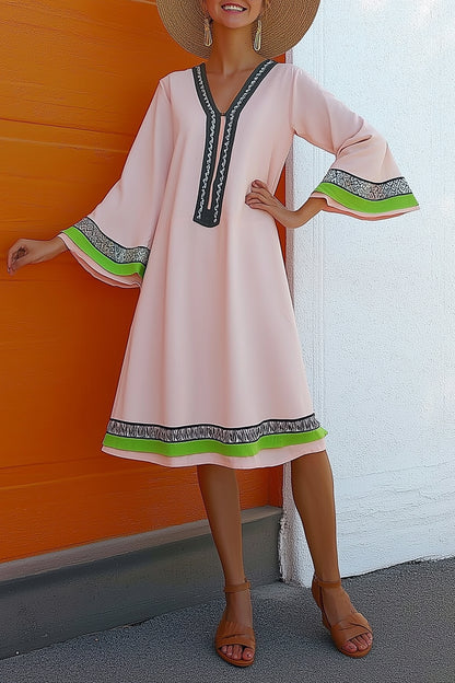 Casual Vacation Loose Dress V-Neck Pink Flare Sleeve Woven Strap Knee-Length Dress