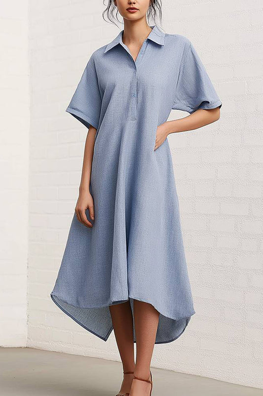 Casual Daily Loose Dress Blue Button-Up Collared Short Sleeve Shirt Dress