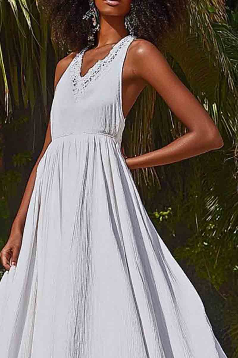 Vacation Casual Loose Dress White V Neck Lace Sleeveless Maxi Dress