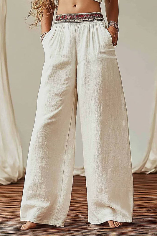 Casual Daily Wide-Leg Pants Beige Elastic Waist Pocketed Long Pants