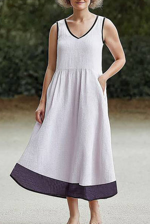 Casual Daily Linen Dress Sleeveless V-Neck Light Grey Pocket Midi Dress