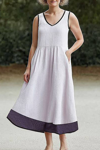 Casual Daily Linen Dress Sleeveless V-Neck Light Grey Pocket Midi Dress