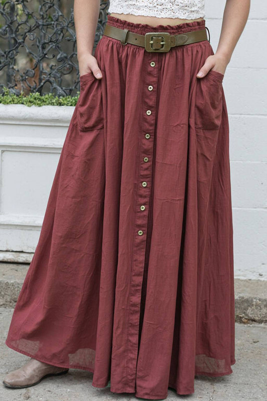 Vintage Casual Skirt With Pocketed Lace Up Tie-Belt A-Line Long Skirt