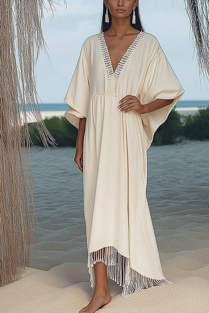 Bohemian Vacation Dress Lace Deep V Tassel Loose Maxi Dress