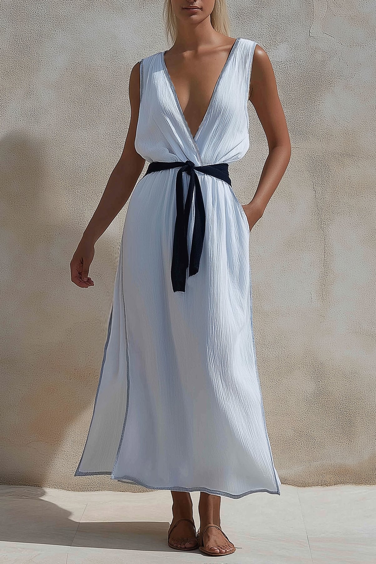 Beach Vacation Dress Linen White Sleeveless Deep V Tied Side Slit Maxi Dress