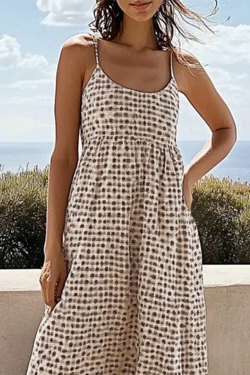 Vacation Casual Loose Dress Khaki Strap Plaid Sleeveless Midi Dress