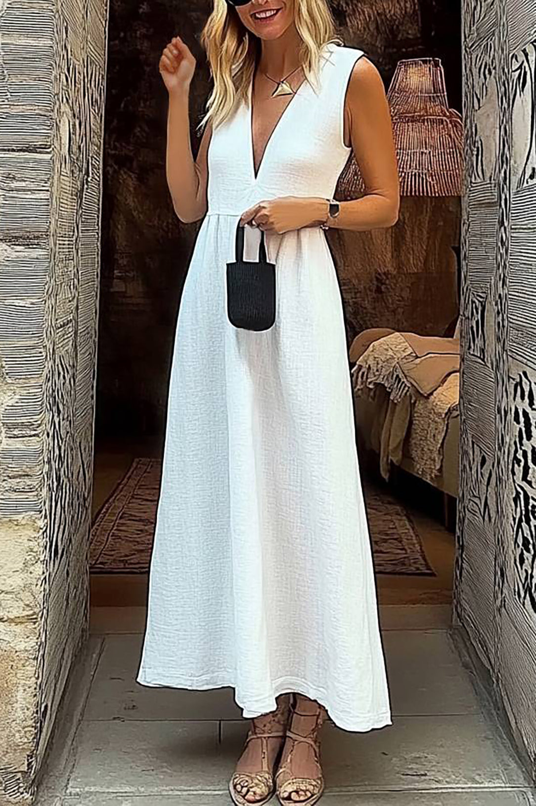 Daily Casual Linen Dress Deep V-neck Simple Sleeveless Maxi Dress