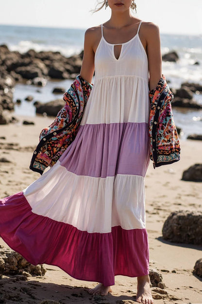 Bohemian Vacation Color-Block Strappy Sleeveless Maxi Dress