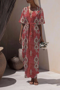 Bohemian Print Dress Red V-Neck Tie Waist Maxi Dress