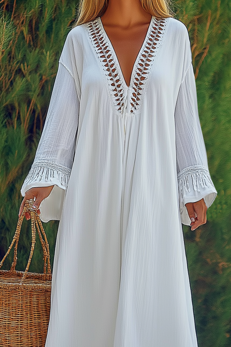 Vacation Casual Loose Dress White Deep V Maxi Dress