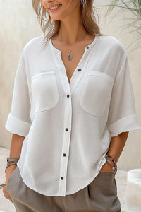 Daily Casual Tops Button-up Half Sleeves Pockets Round Neck White Shirt