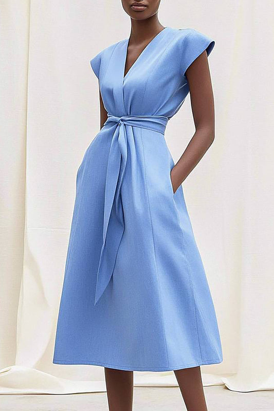 Chic Casual Dress Belted Crossed Neck Pocketed Midi Dress