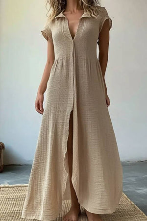 Vintage Casual Linen Dress Collared Side Split Maxi Dress