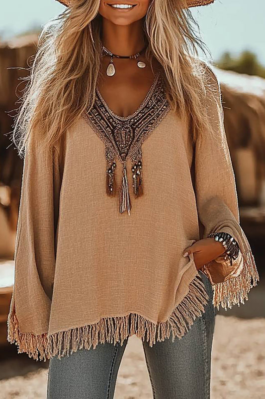 Bohemian Casual Top U-Neck Brown Fringe Linen Long Sleeve Top