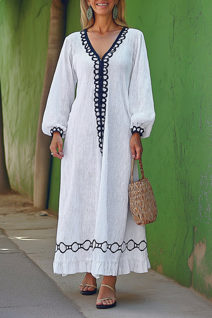 Casual Vacation Linen Dress White V-Neck Long Sleeve Ruffle Maxi Dress