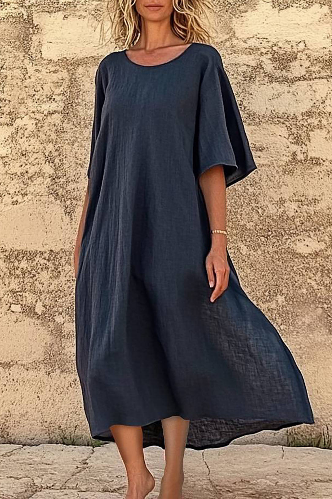 Casual Daily Loose Dress Linen Round Neck Short Sleeve Midi Dress