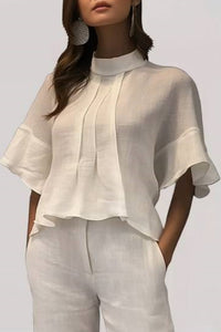 Basic Casual Top Stand Collar White Ruffle Half Sleeve Top