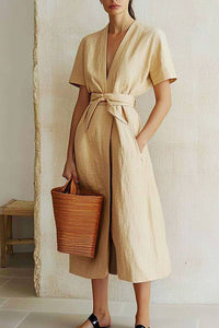 Casual Vacation Linen Dress Tie V-Neck Beige with Pockets Midi Dress