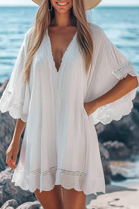 Casual Vacation Dress Loose Lace Panel Deep V Floral Trim Mini Dress