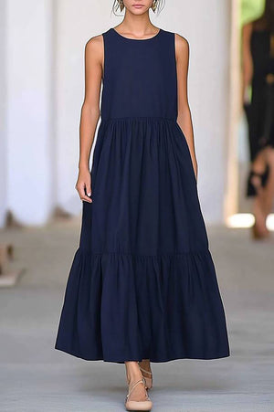 Casual Daily Sleeveless Dress Navy Loose Fit Crew Neck Maxi Dress