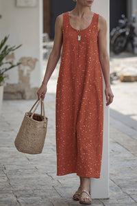 Casual Daily Floral Dress Brown Linen Floral Crew Neck Sleeveless Midi Dress