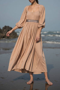 Bohemian Casual Dress Light Brown U-Neck Midi Dress