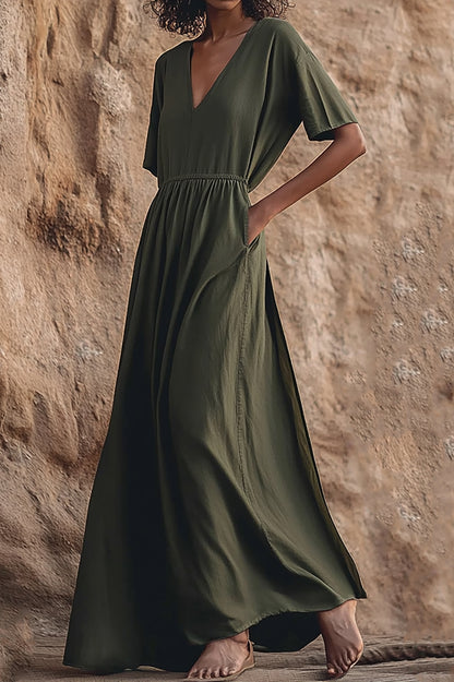 Bohemian Casual Dress Linen V-neck Pocket Maxi Dress