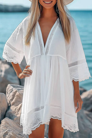 Vacation Beach Dress White Lace Panel Deep V Floral Trim Mini Dress