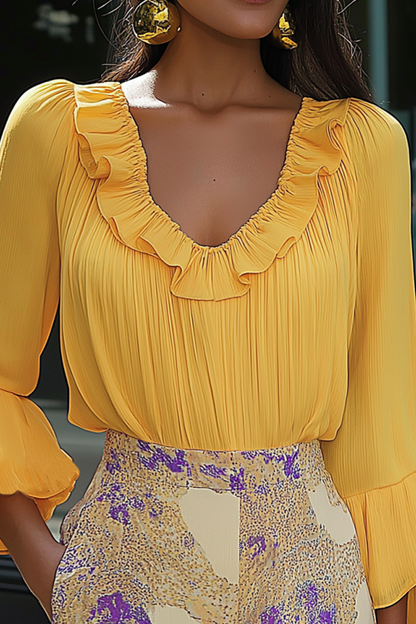 Basic Casual Top V Neck Yellow Ruffle 3/4 Length Sleeve Top