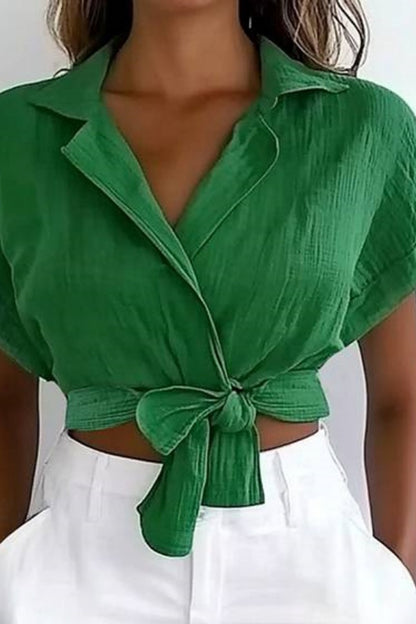 Basic Casual Top Shirt Collar Green Ruffle Lace up Short Sleeve Top