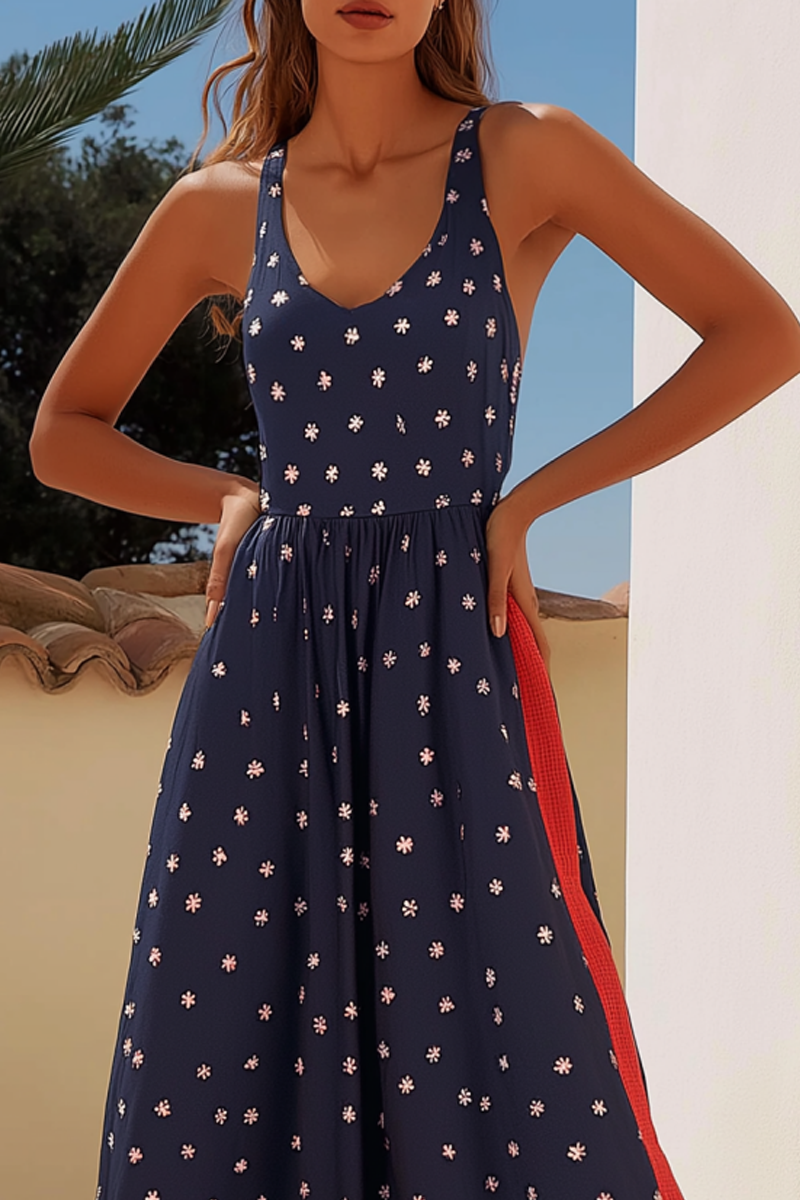 Vacation Casual Loose Dress Navy Blue U Neck Dot Sleeveless Maxi Dress