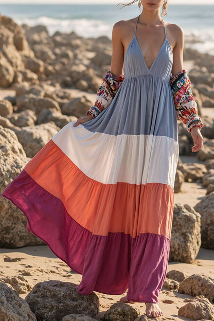 Beach Vacation Dress Halter Deep V Color Block Maxi Dress