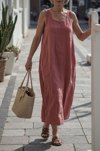 Casual Linen Loose Dress Light Red Crew Neck Sleeveless Midi Dress