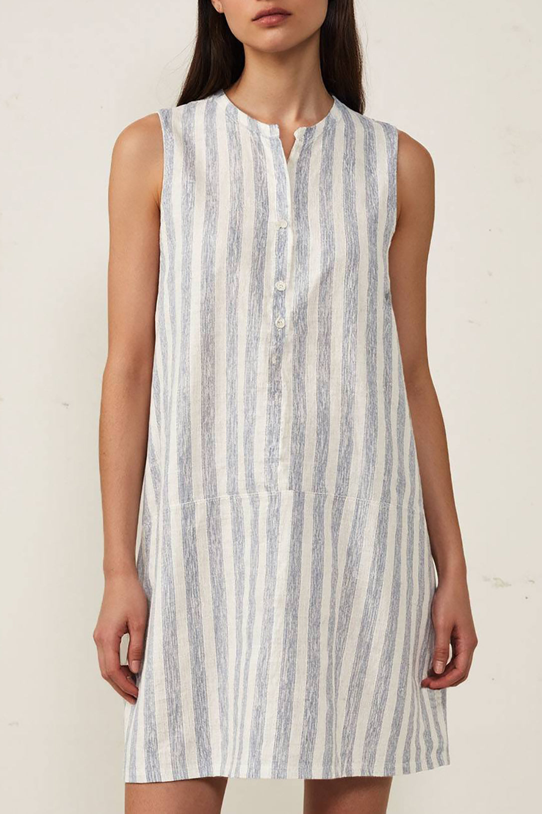 Holiday Casual Linen Dress Striped Button-Down Collarless Sleeveless Short Dress