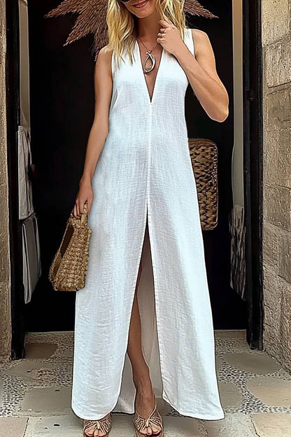 Vacation Casual Dress Sleeveless Deep V High Split Pure White Maxi Dress