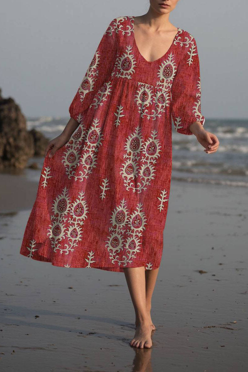 Bohemian Vintage Floral Dress Red Large Round Neck Loose Midi Dress