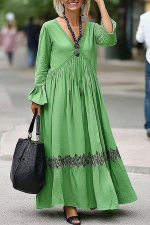 Casual Daily Loose Dress Green V-Neck Ruffle Long Sleeve Maxi Dress