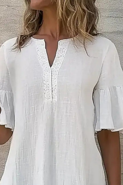 Basic Casual Top V Neck White Ruffle Half Sleeve Top