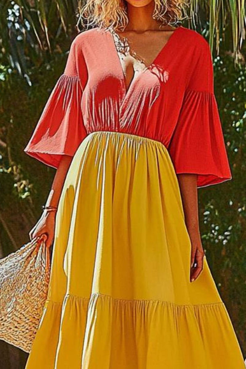 Vacation Casual Loose Dress Yellow V Neck Ruffle Half Sleeve Maxi Dress