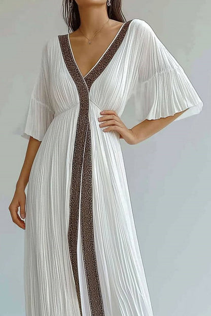 Vacation Casual Loose Dress White V Neck 3/4 Length Sleeve Maxi Dress