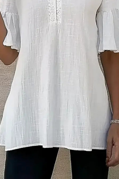 Basic Casual Top V Neck White Ruffle Half Sleeve Top