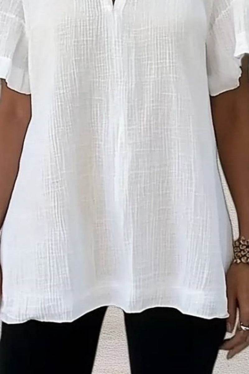 Basic Casual Top V Neck White Ruffle Short Sleeves