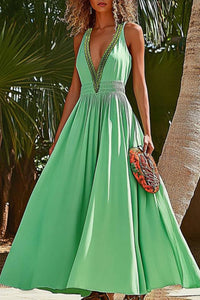 Vacation Casual Loose Swing Dress Green Deep V Patchwork Sleeveless Maxi Dress