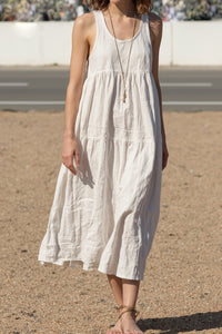 Vacation Casual Loose Dress White U Neck Sleeveless Midi Dress