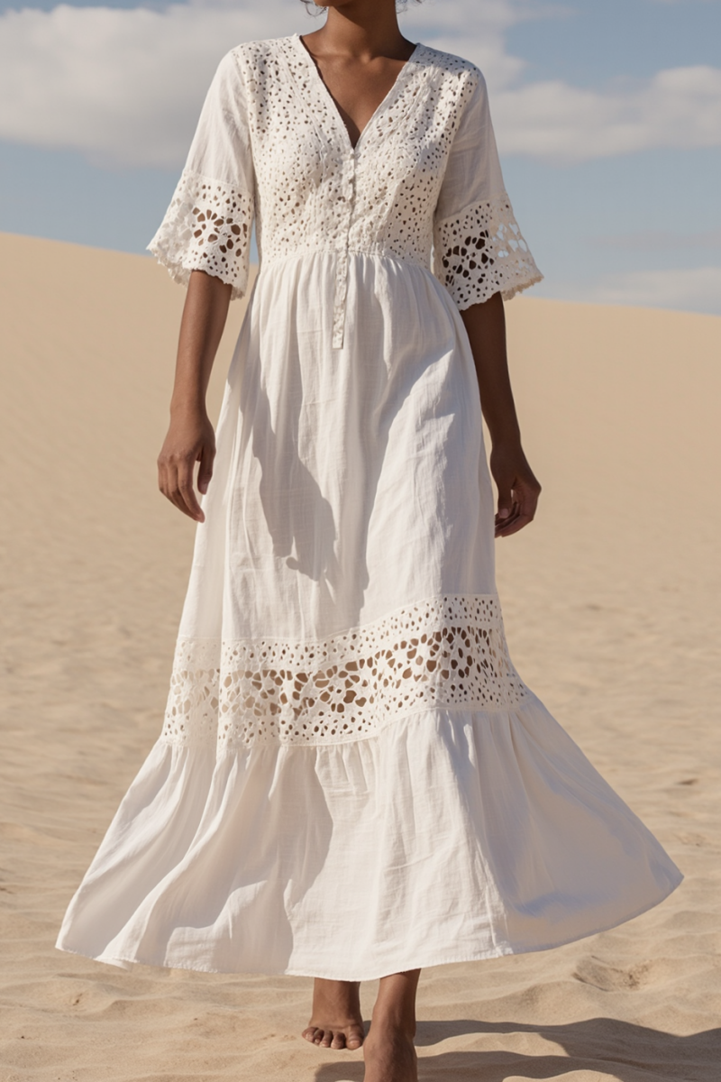 Vacation Casual Loose Dress White V Neck Lace Half Sleeve Maxi Dress