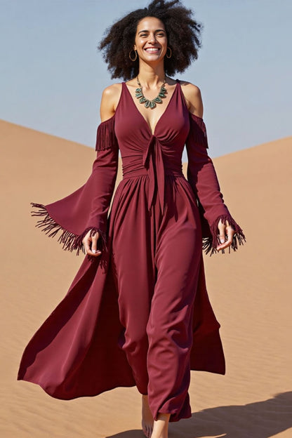 Vacation Casual Loose Dress Red V Neck Tassel Long Sleeve Maxi Dress